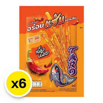 รูปภาพของ ทาโร ปลาสวรรค์ เส้นชุบน้ำจิ้ม รสปลาหมึก เผ็ดน้อย 18 ก. x 6