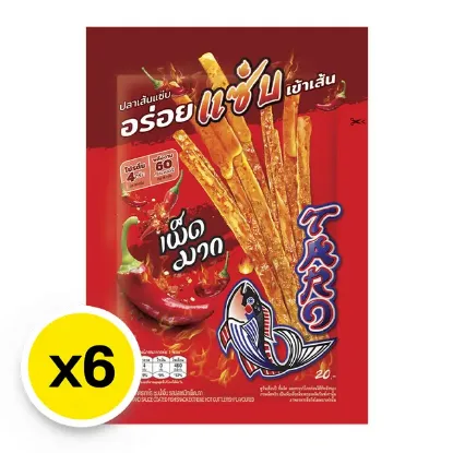 รูปภาพของ ทาโร ปลาสวรรค์ เส้นชุบน้ำจิ้ม รสปลาหมึก เผ็ดมาก 18 ก. x 6